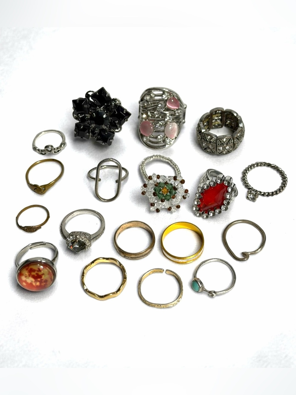 Lot of 18 Fashion Rings Cocktail & Vintage Bands Mixed Materials Mostly For Fun